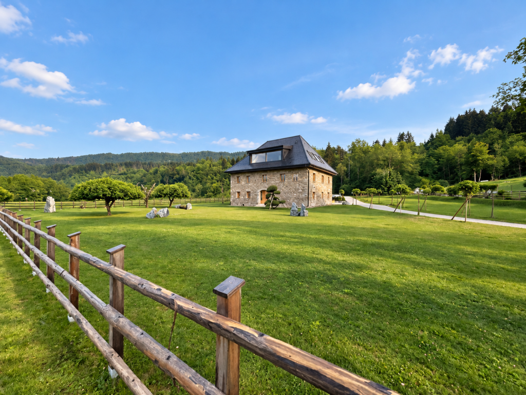Stone villa with a dark roof, landscaped lawn and wooded hills near Keutschacher See, Austria.